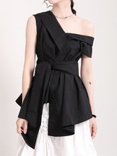 Women Lace Up Big Bow Irregular Slanted Shoulder Shirt